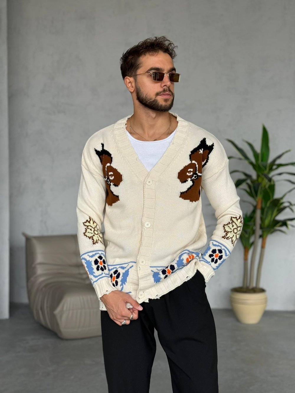 ETNİK DESENLİ OVERSIZE HIRKA KREM