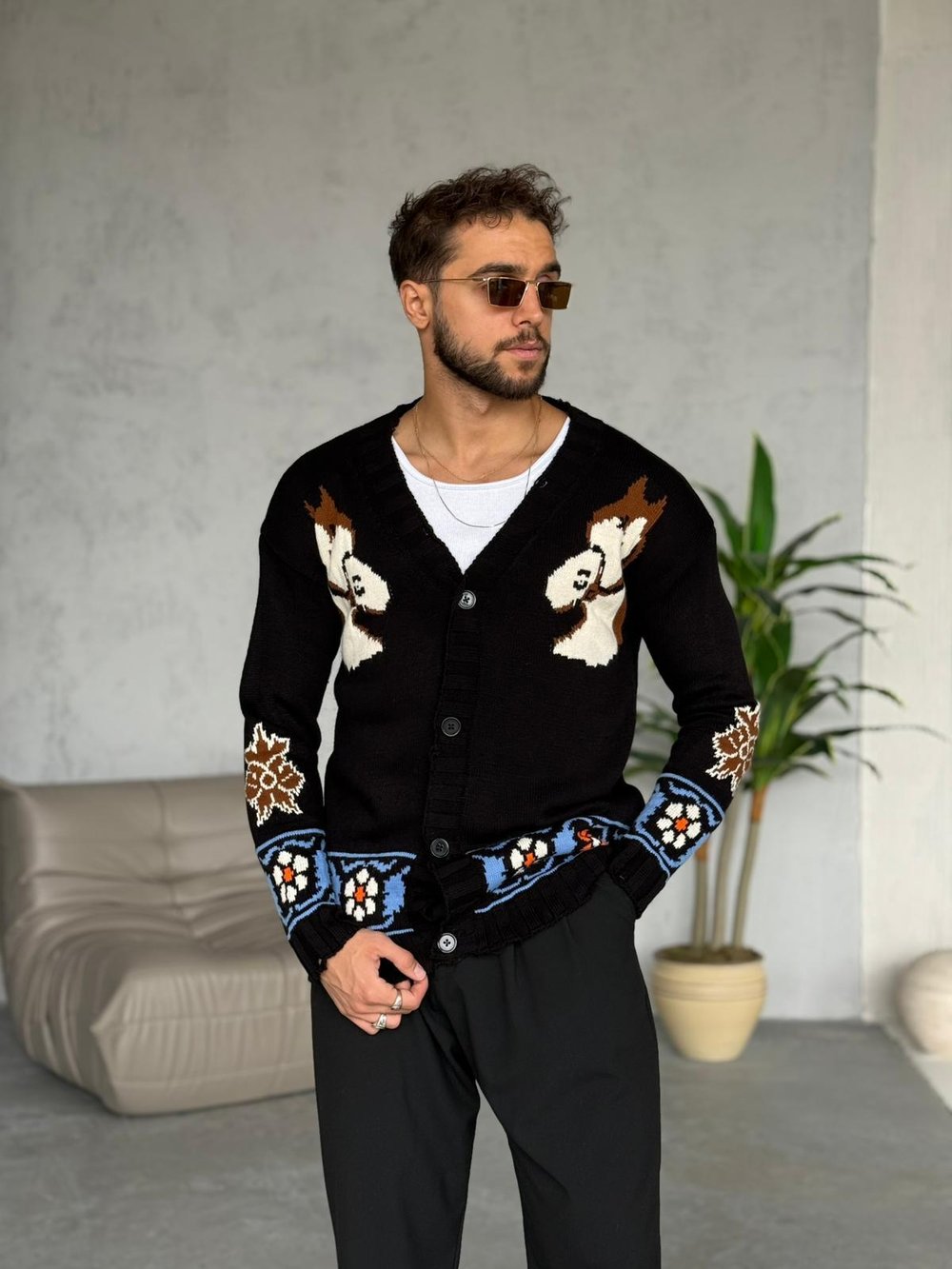 ETNİK DESENLİ OVERSIZE HIRKA SİYAH