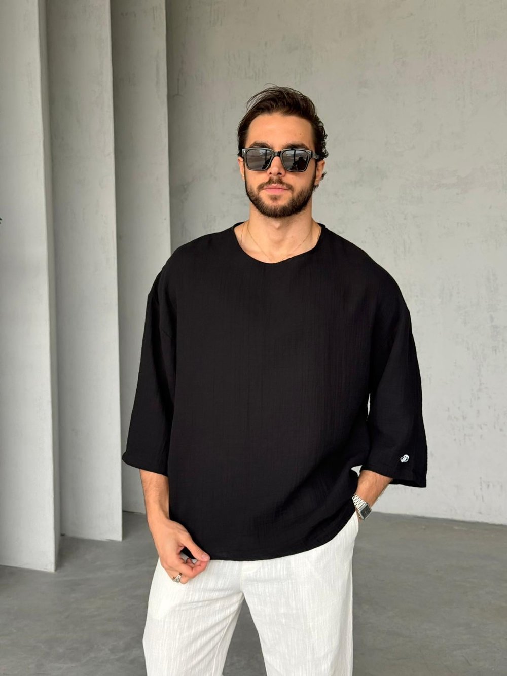 Fakirkol Nakışlı Müslin Kumaş T-Shirt G - Siyah