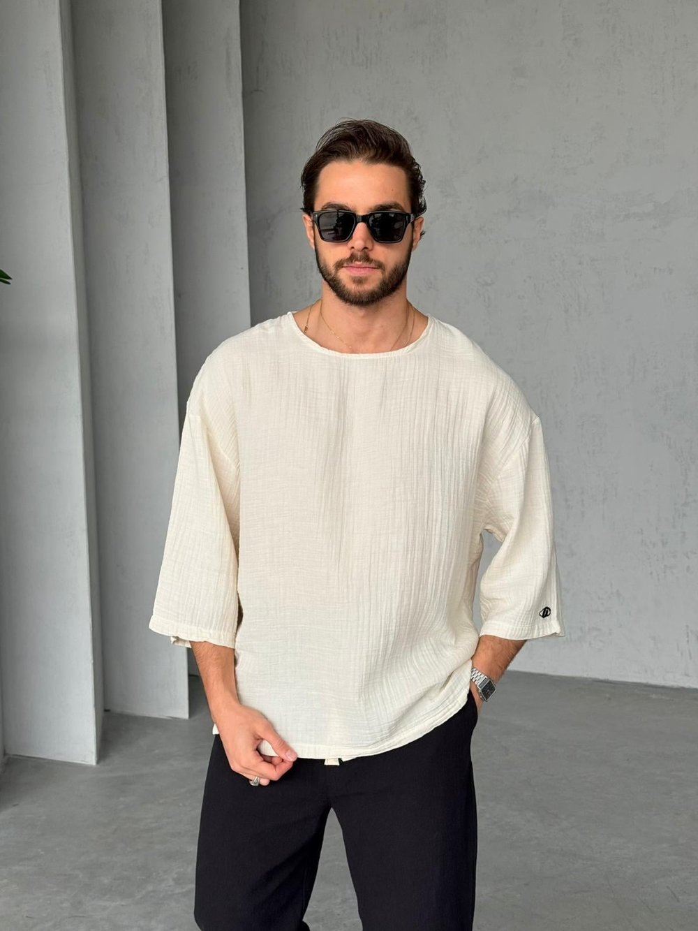 Fakirkol Nakışlı Müslin Kumaş T-Shirt G - Krem