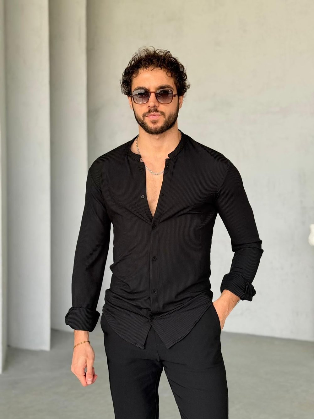 Fitilli Hakim Yaka Slimfit Gömlek M - Siyah