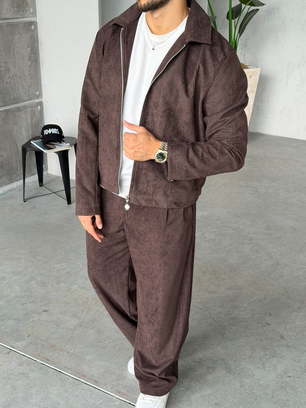 Fitilli Kadife Fermuarlı Baggy Takım T Kahverengi