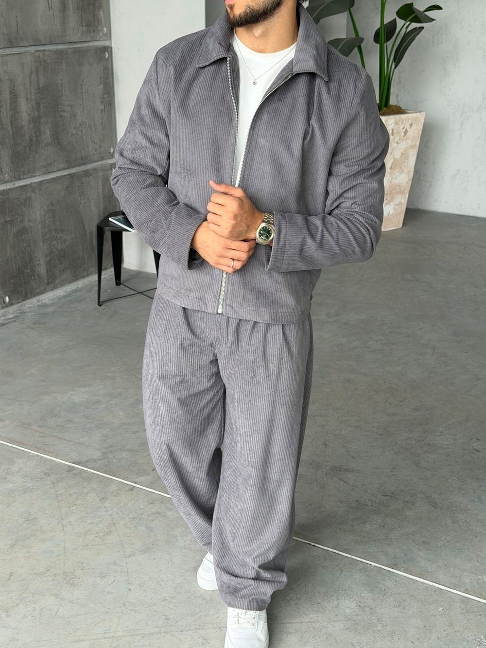 Fitilli Kadife Fermuarlı Baggy Takım T Gri
