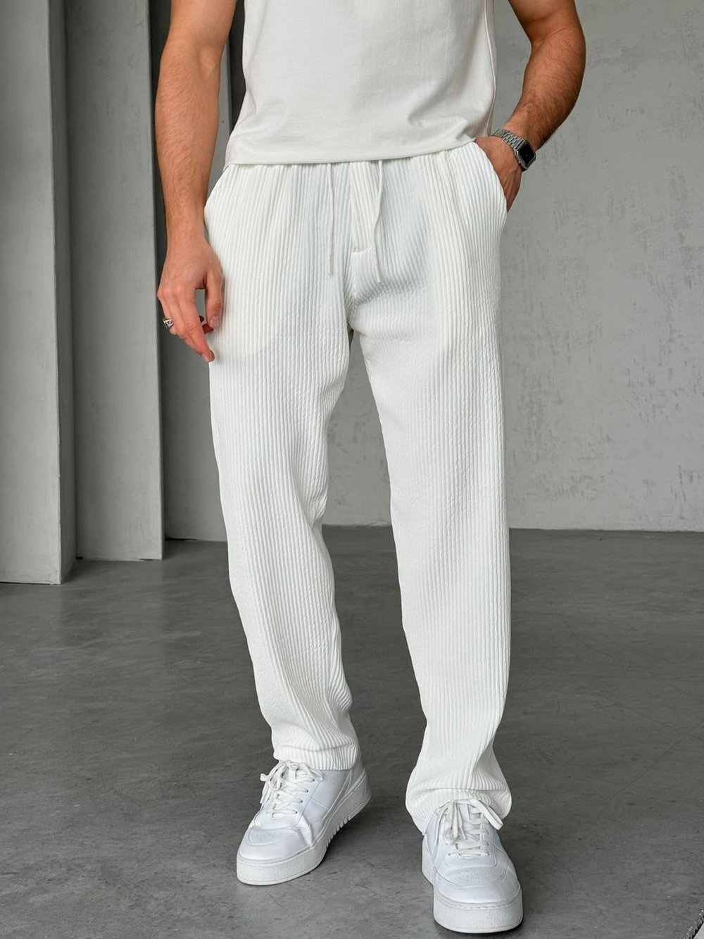 Fitilli Kumaş Jogger Pantolon M - Beyaz