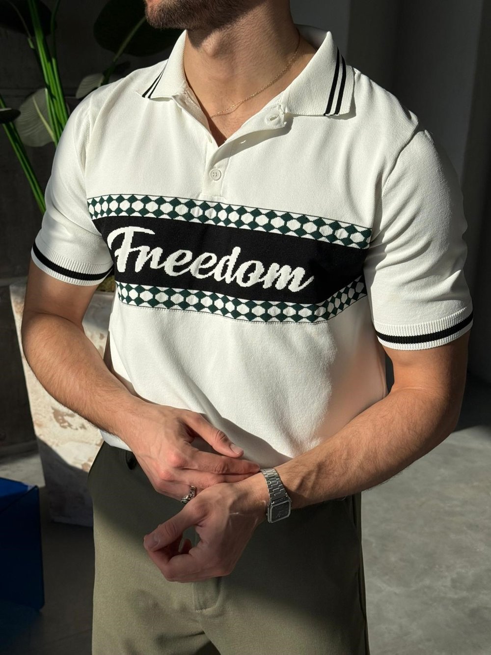 Freedom Nakışlı Polo yaka Triko T - Beyaz
