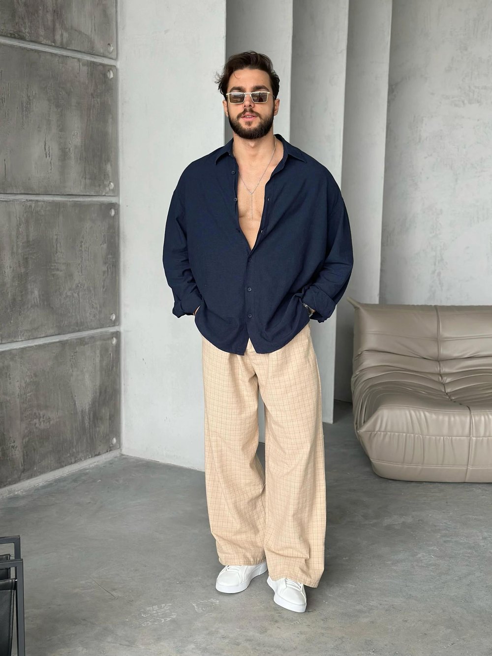 Gies Kumaş Oversize Keten Gömlek Lacivert