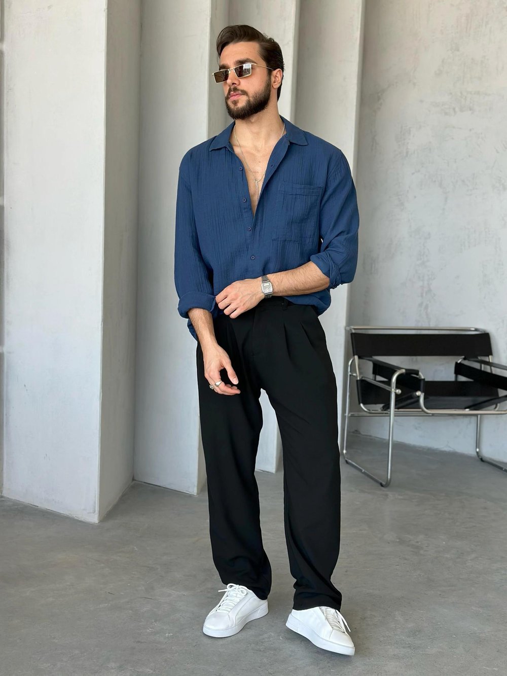 GM201 Müslin kumaş cepli oversize gömlek MAVİ
