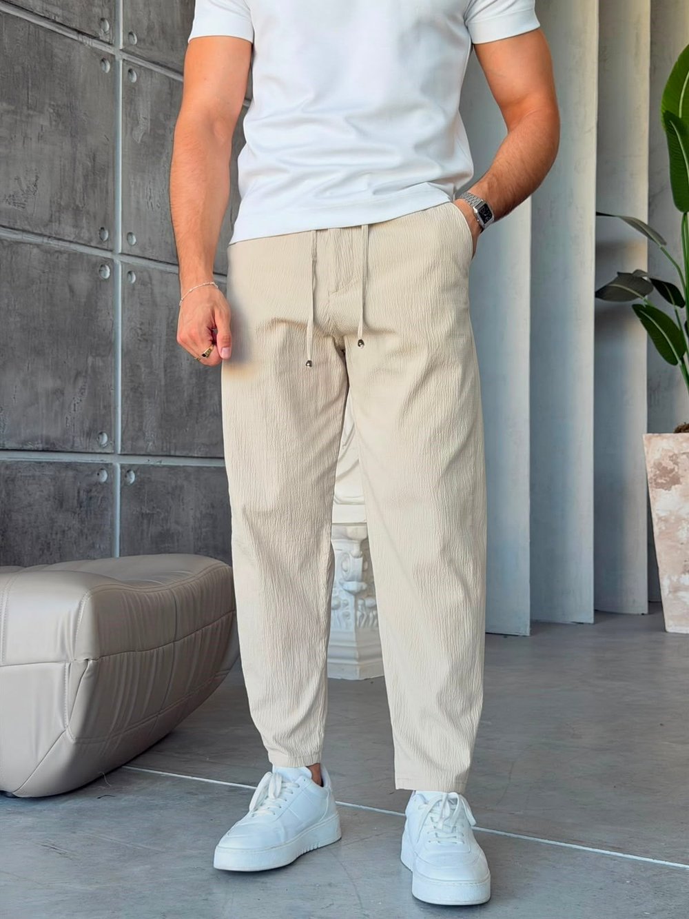 GOFRE KUMAŞ JOGGER PANTOLON W BEJ