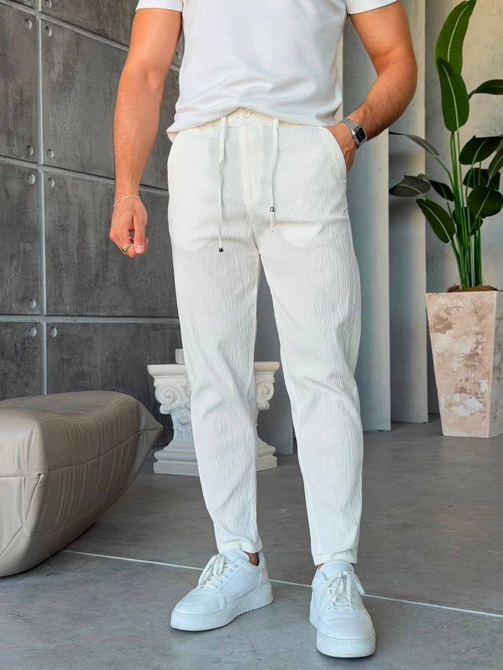 GOFRE KUMAŞ JOGGER PANTOLON W BEYAZ