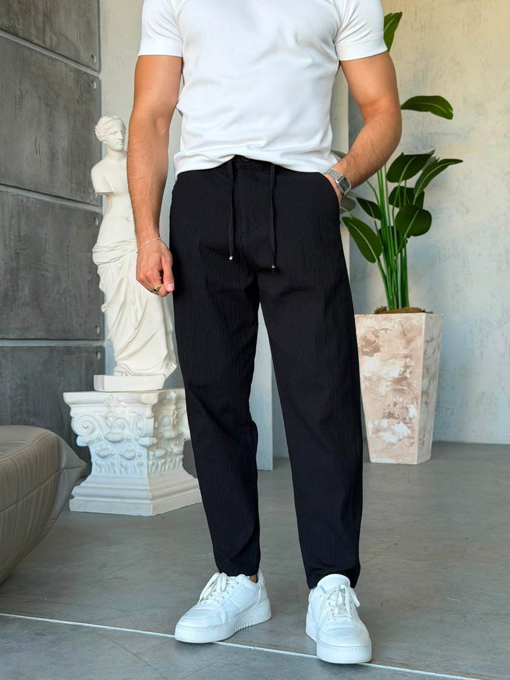 GOFRE KUMAŞ JOGGER PANTOLON W SİYAH