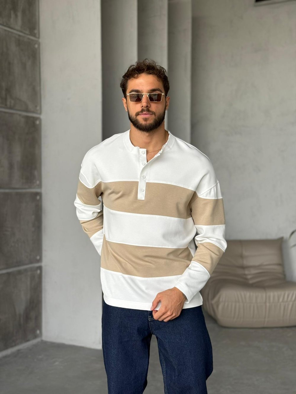 Hanley Yaka Modal Kumaş Çizgili Sweat - Bej&Beyaz