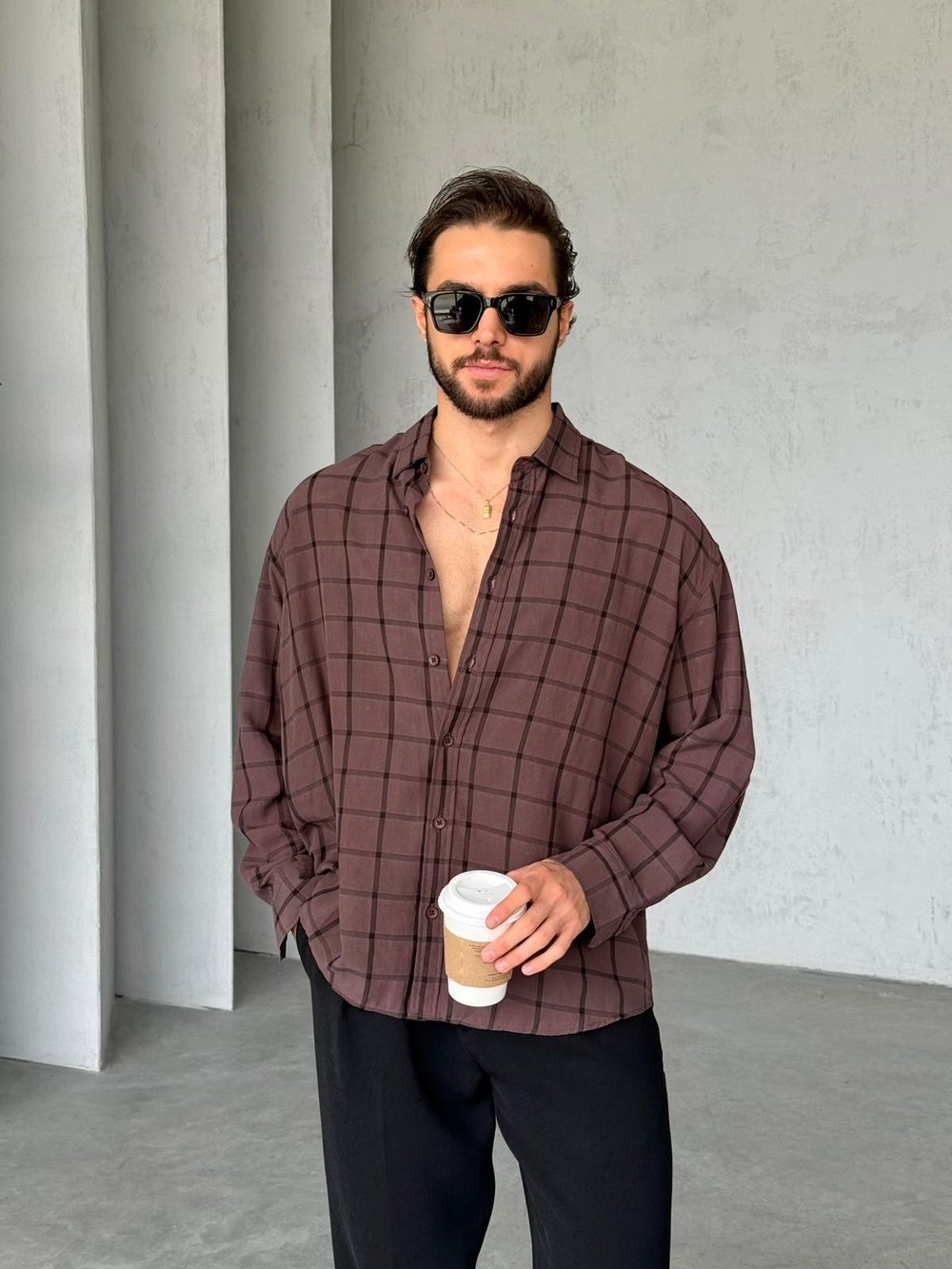 Kareli Line Modal Kumaş Oversize Gömlek G - Kahve