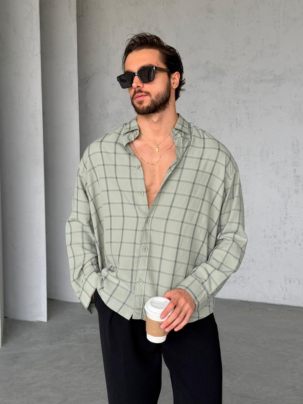 Kareli Line Modal Kumaş Oversize Gömlek G - Yeşil