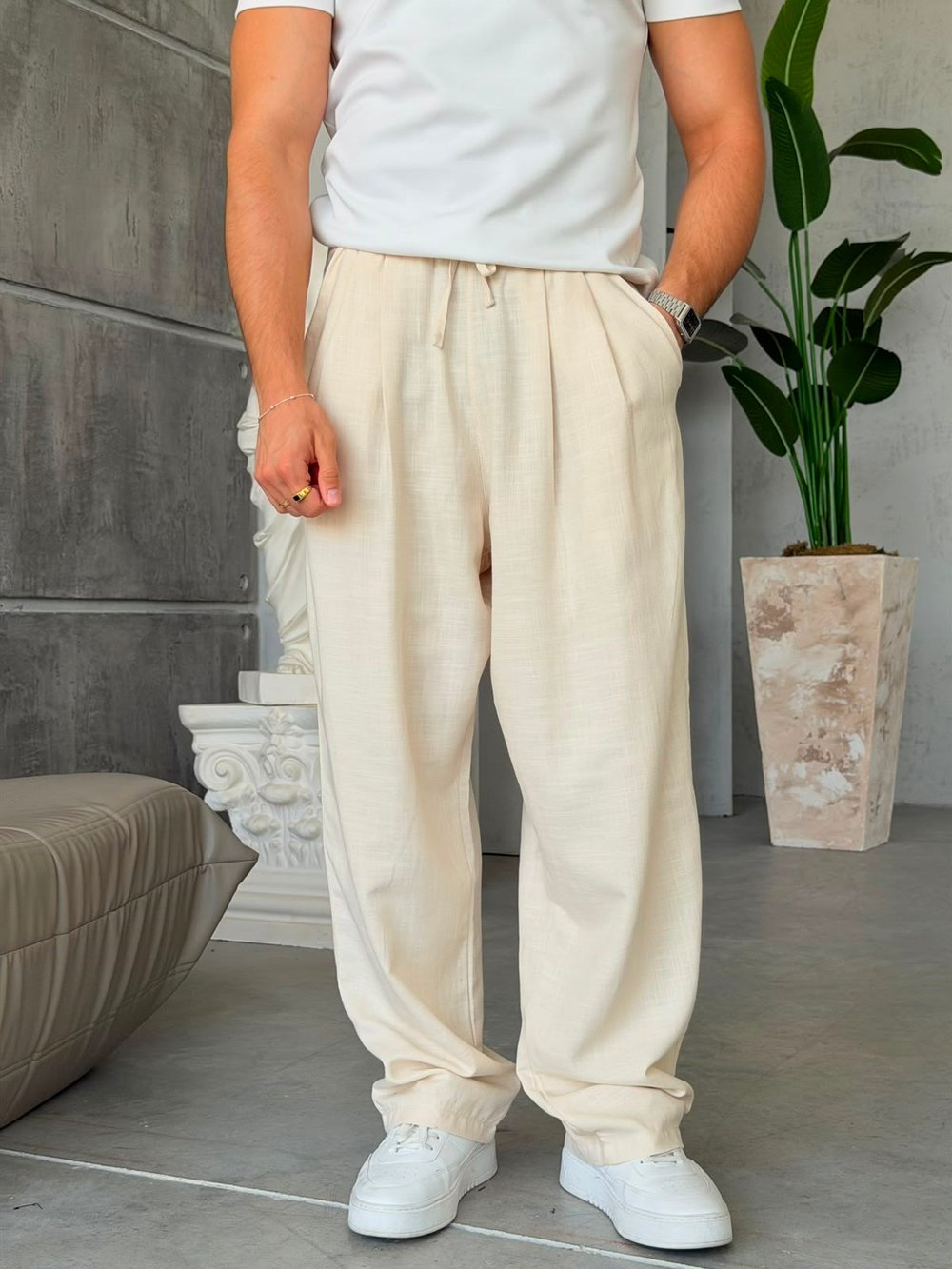 KETEN KUMAL BAGGY PİLELİ PANTOLON K - BEJ