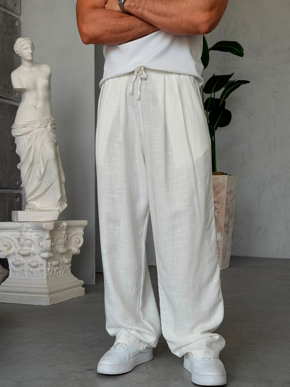 KETEN KUMAL BAGGY PİLELİ PANTOLON K - BEYAZ