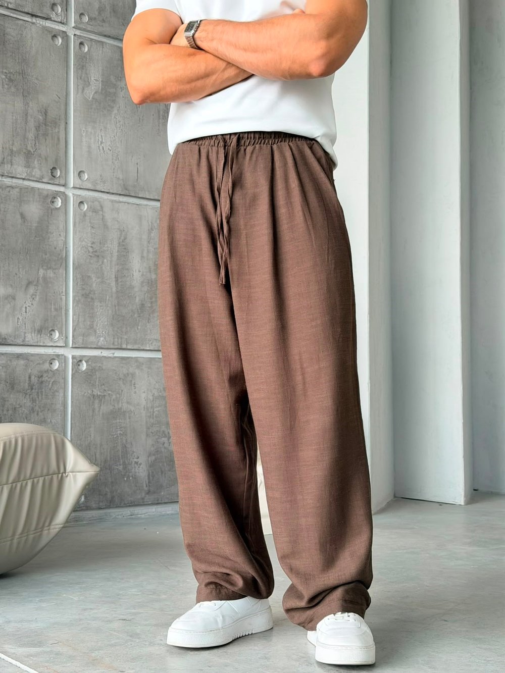 KETEN KUMAL BAGGY PİLELİ PANTOLON K - KAHVERENGİ
