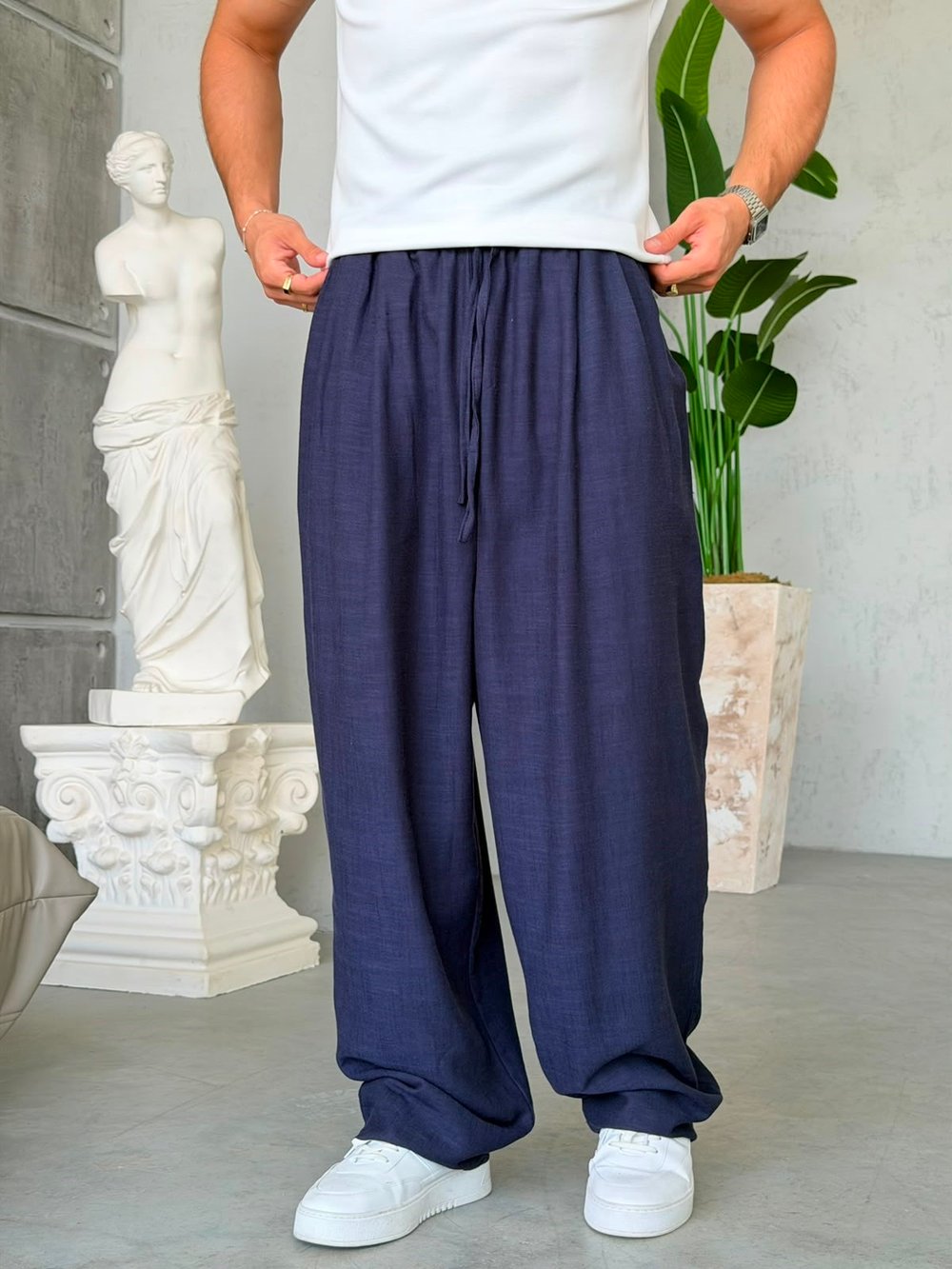 KETEN KUMAL BAGGY PİLELİ PANTOLON K - LACİVERT
