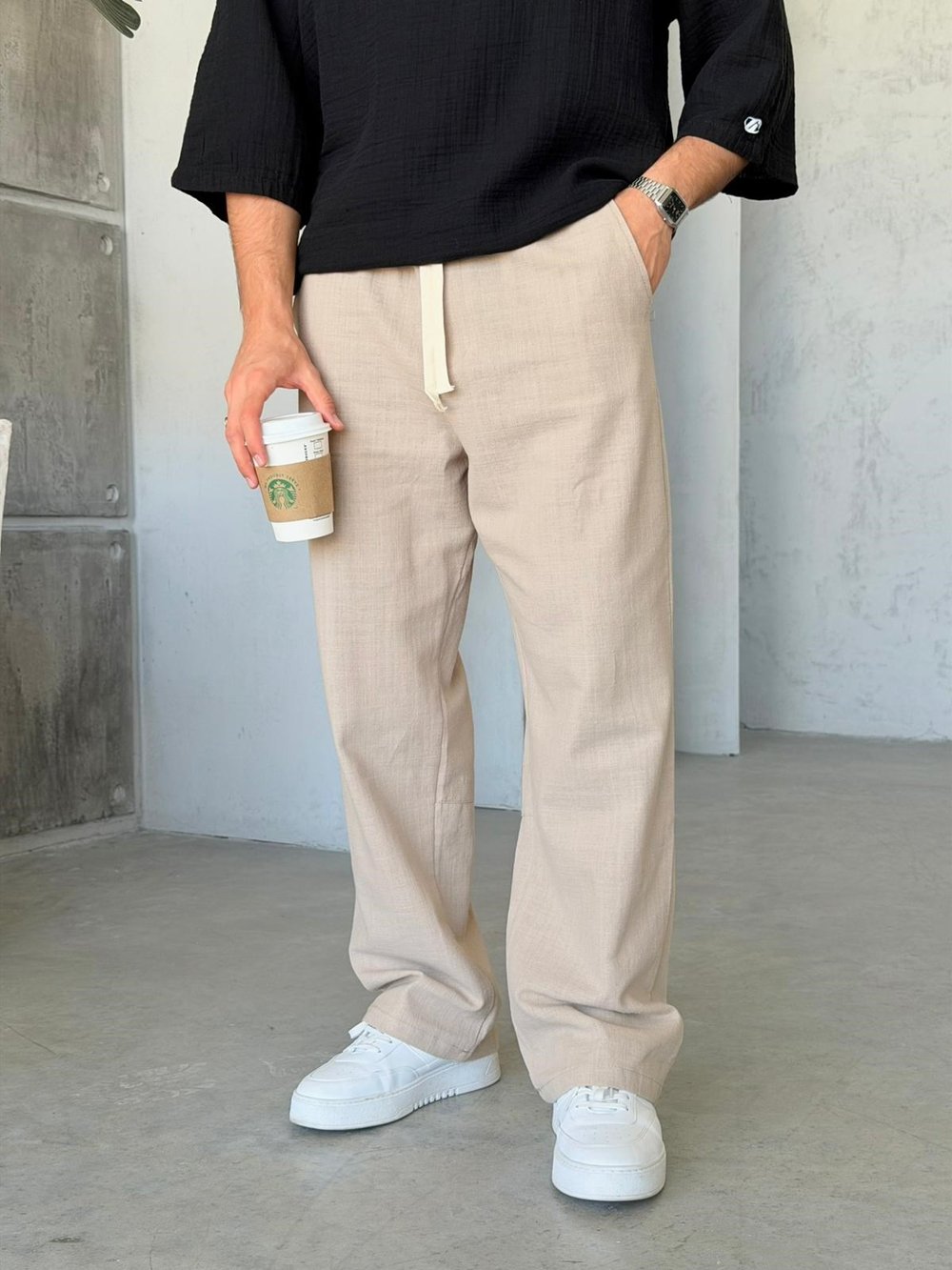 Keten Kumaş Baggy Pantolon - Bej