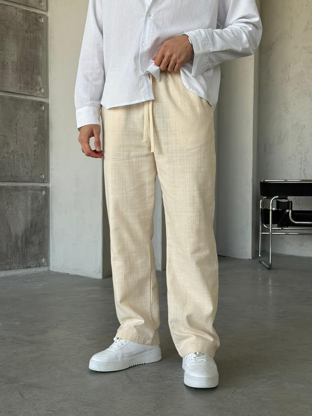 Keten Kumaş Baggy Pantolon - Krem