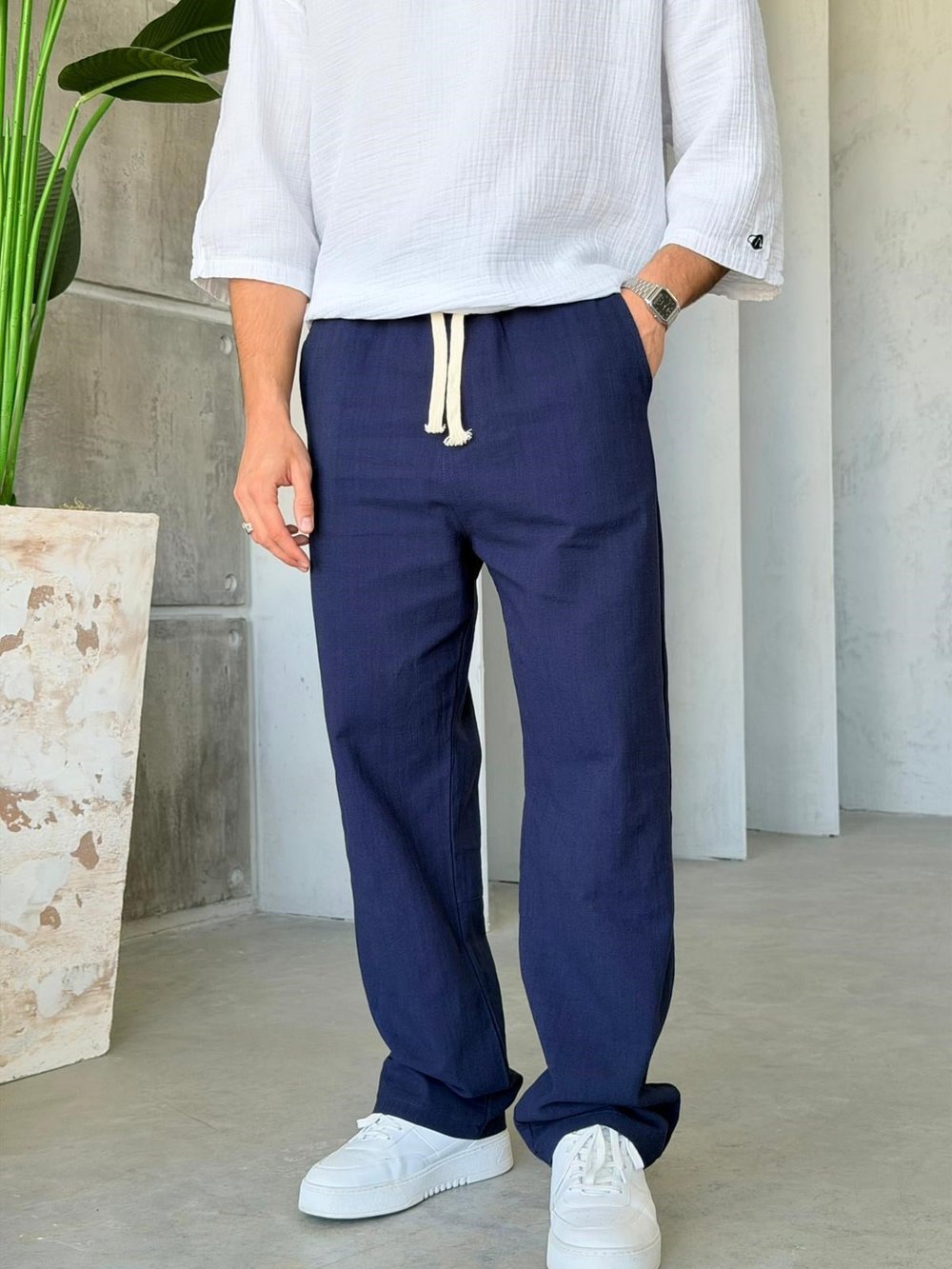 Keten Kumaş Baggy Pantolon - Lacivert