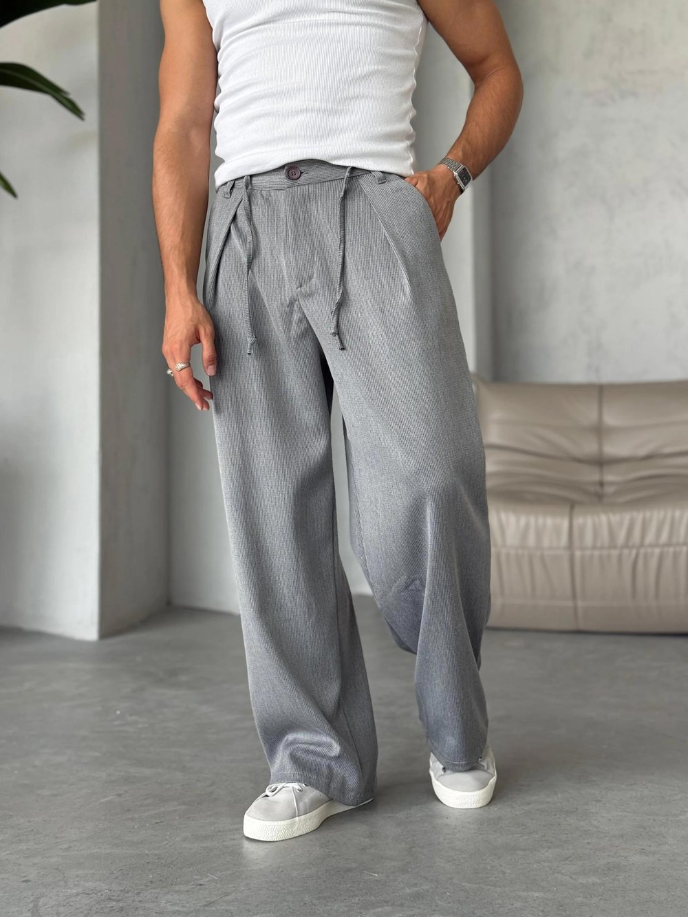 KM0200 İp Kemerli Baggy Kumaş Pantolon Gri