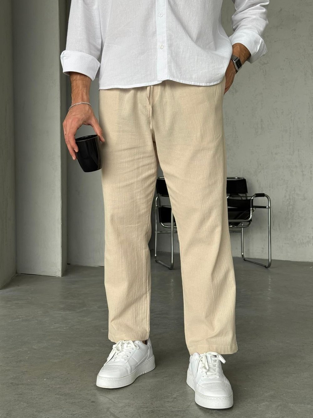 Krinkıl Kumaş Baggy Pantolon - Krem