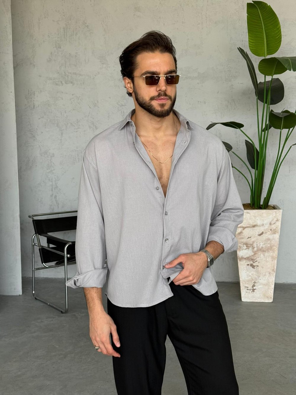 Krinkıl Kumaş Oversize Gömlek - Gri