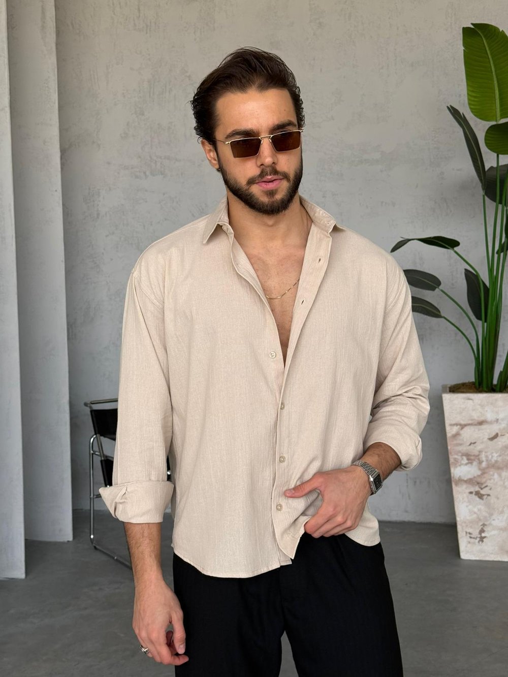 Krinkıl Kumaş Oversize Gömlek - Krem