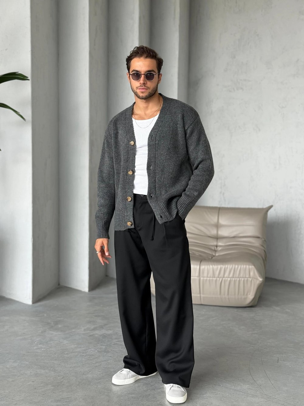 KZ024 Oversize Yün Örme Hırka Gri