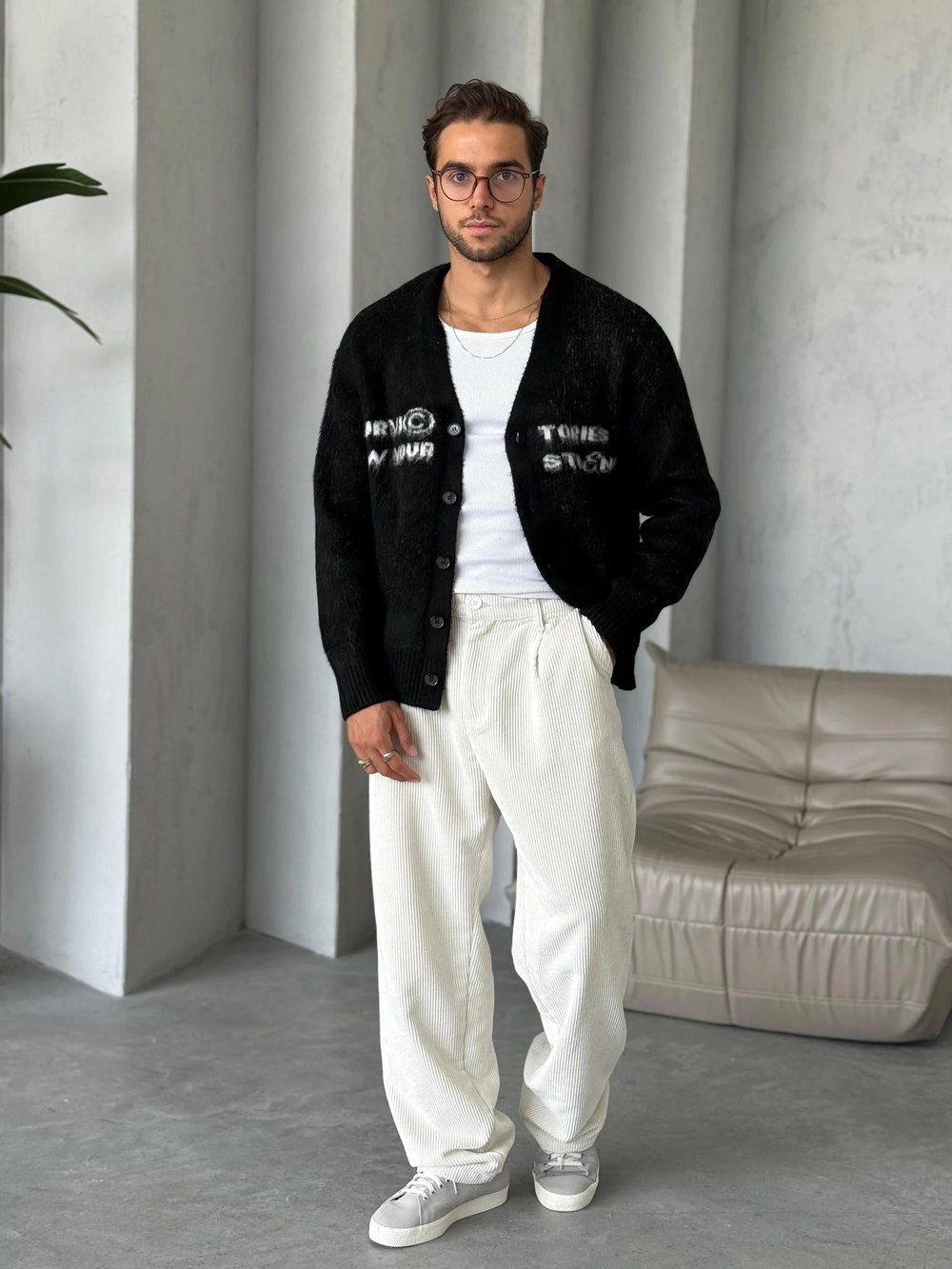 KZ037 Yazı Detaylı Oversize Hırka Siyah