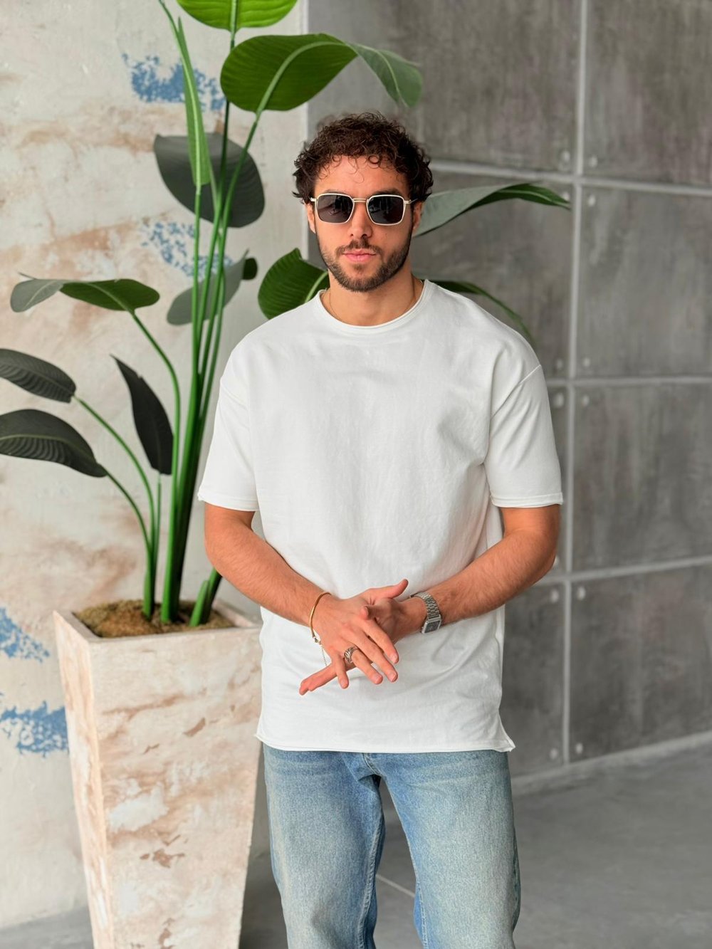 Likralı Yırtmaçlı Basic T-Shirt - Beyaz
