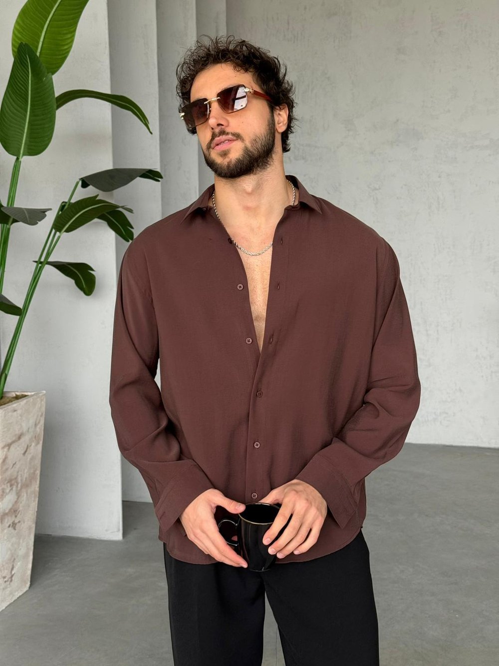 Modal Kumaş Basic Oversize Gömlek M - Kahverengi