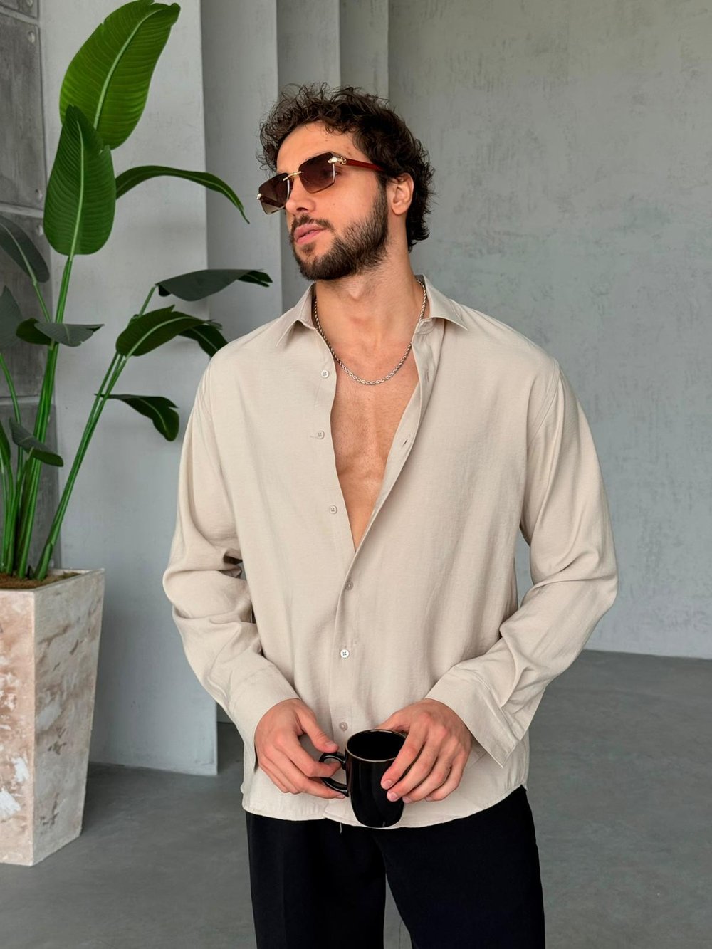 Modal Kumaş Basic Oversize Gömlek M - Krem