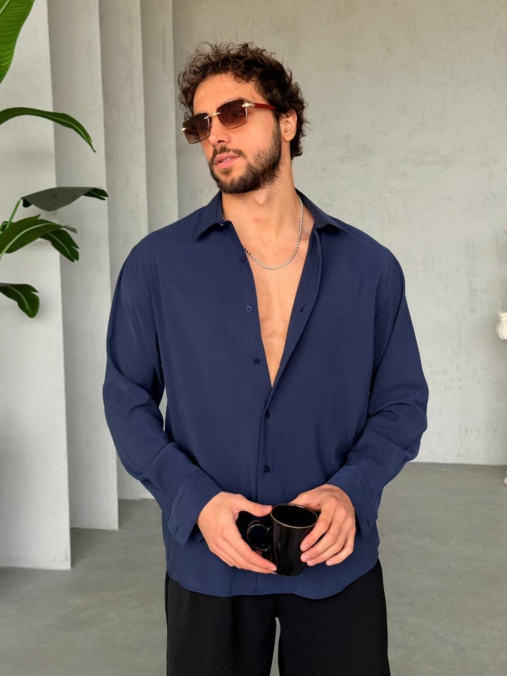 Modal Kumaş Basic Oversize Gömlek M - Lacivert