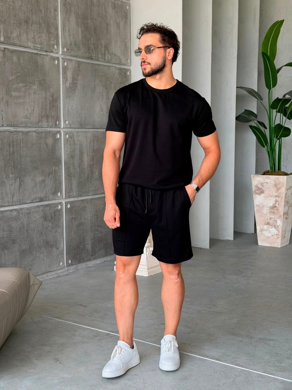 MODAL KUMAŞ ŞORTLU TAKIM V - SİYAH