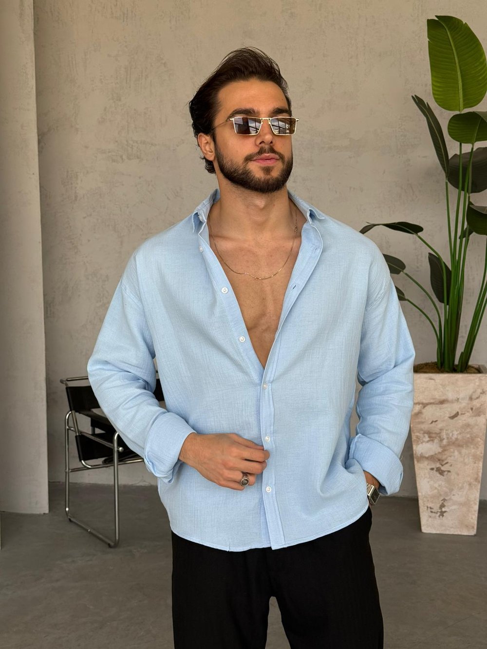 Müslin Kumaş Oversize Gömlek - Bebe Mavi