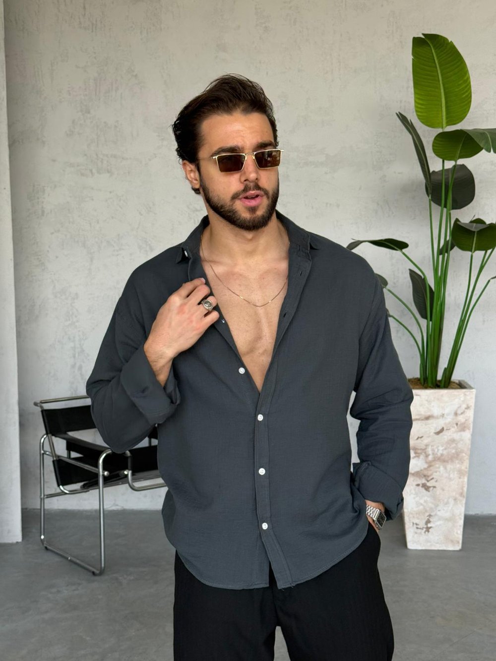Müslin Kumaş Oversize Gömlek - Füme