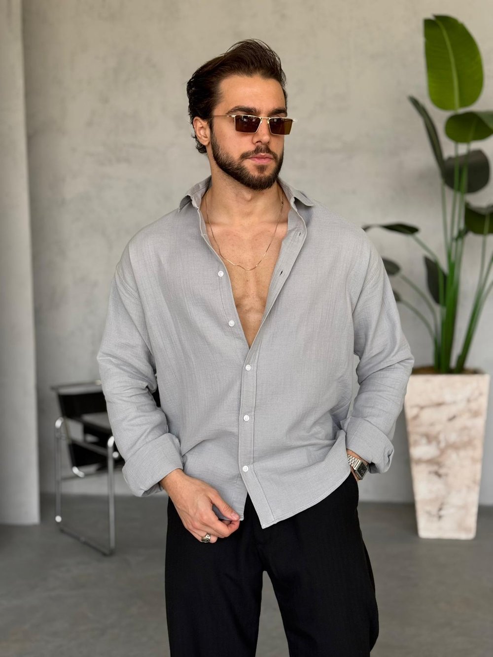 Müslin Kumaş Oversize Gömlek - Gri