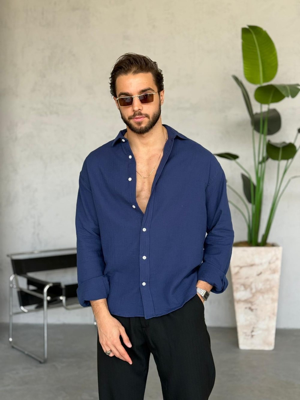 Müslin Kumaş Oversize Gömlek - Lacivert