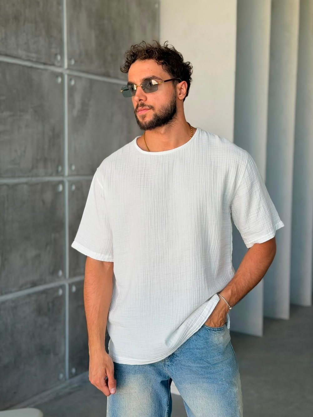 MÜSLİN KUMAŞ OVERSIZE T-SHİRT-BEYAZ
