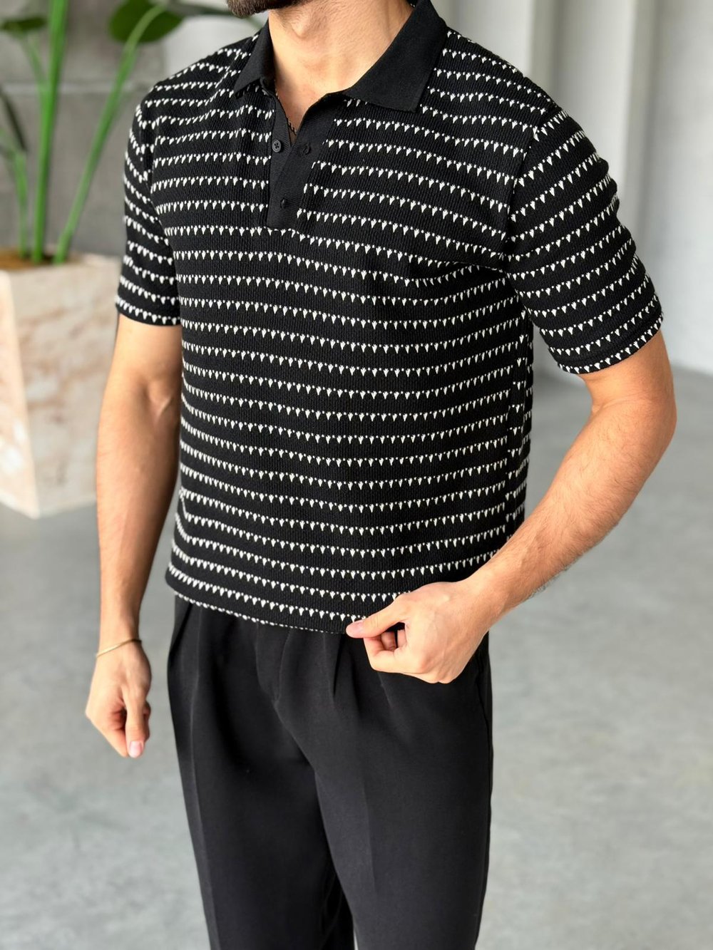 Örme Çizgili Polo Yaka Triko M - Siyah