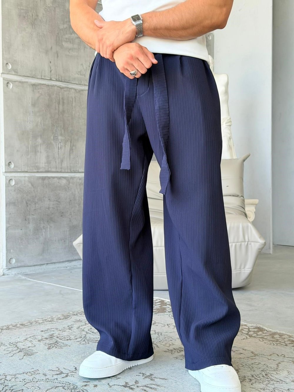 Ottoman kumaş FİTİLLİ Wide Leg Pantolon - LACİVERT