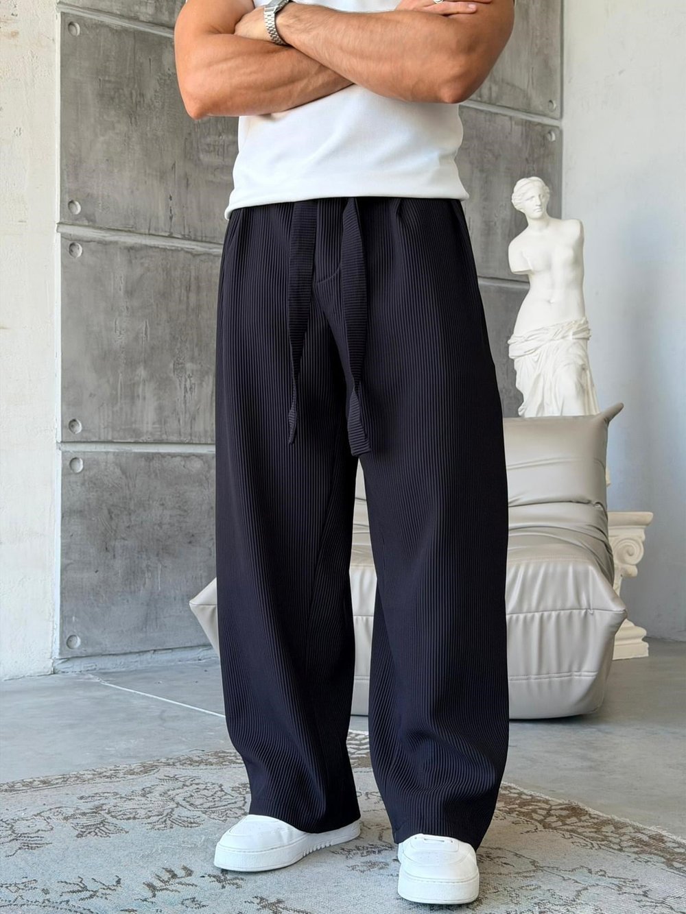 Ottoman kumaş FİTİLLİ Wide Leg Pantolon -SİYAH