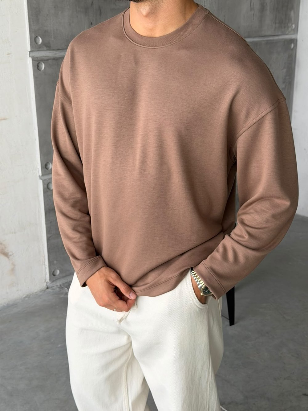 Oversize Basic Modal Kumaş Sweat Kahve