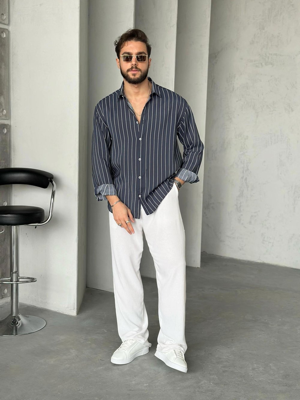 Oversize Çizgili Modal Gömlek Lacivert Beyaz
