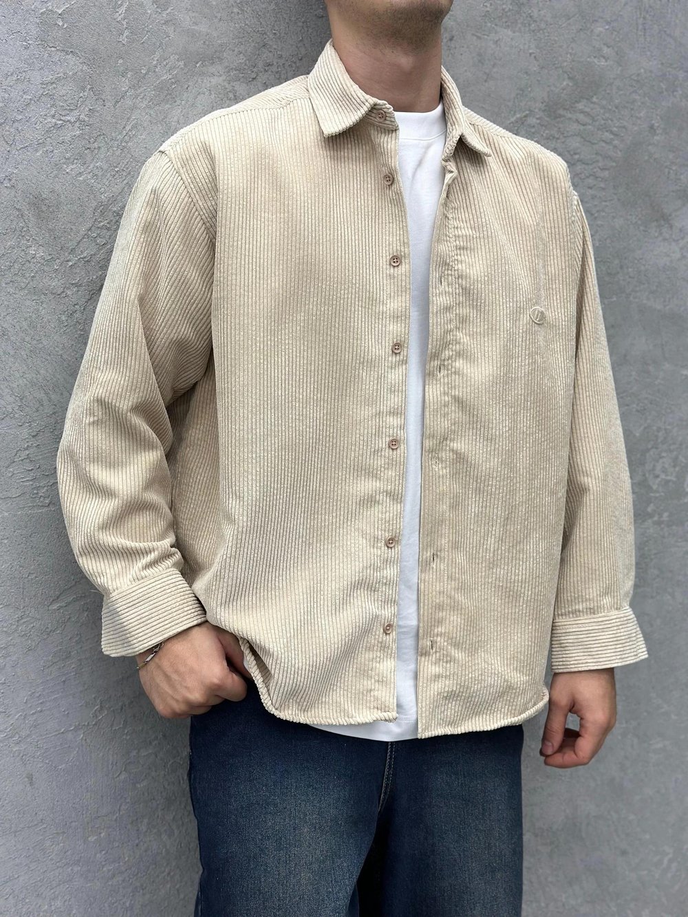 Oversize Kadife Kumaş Gömlek Krem