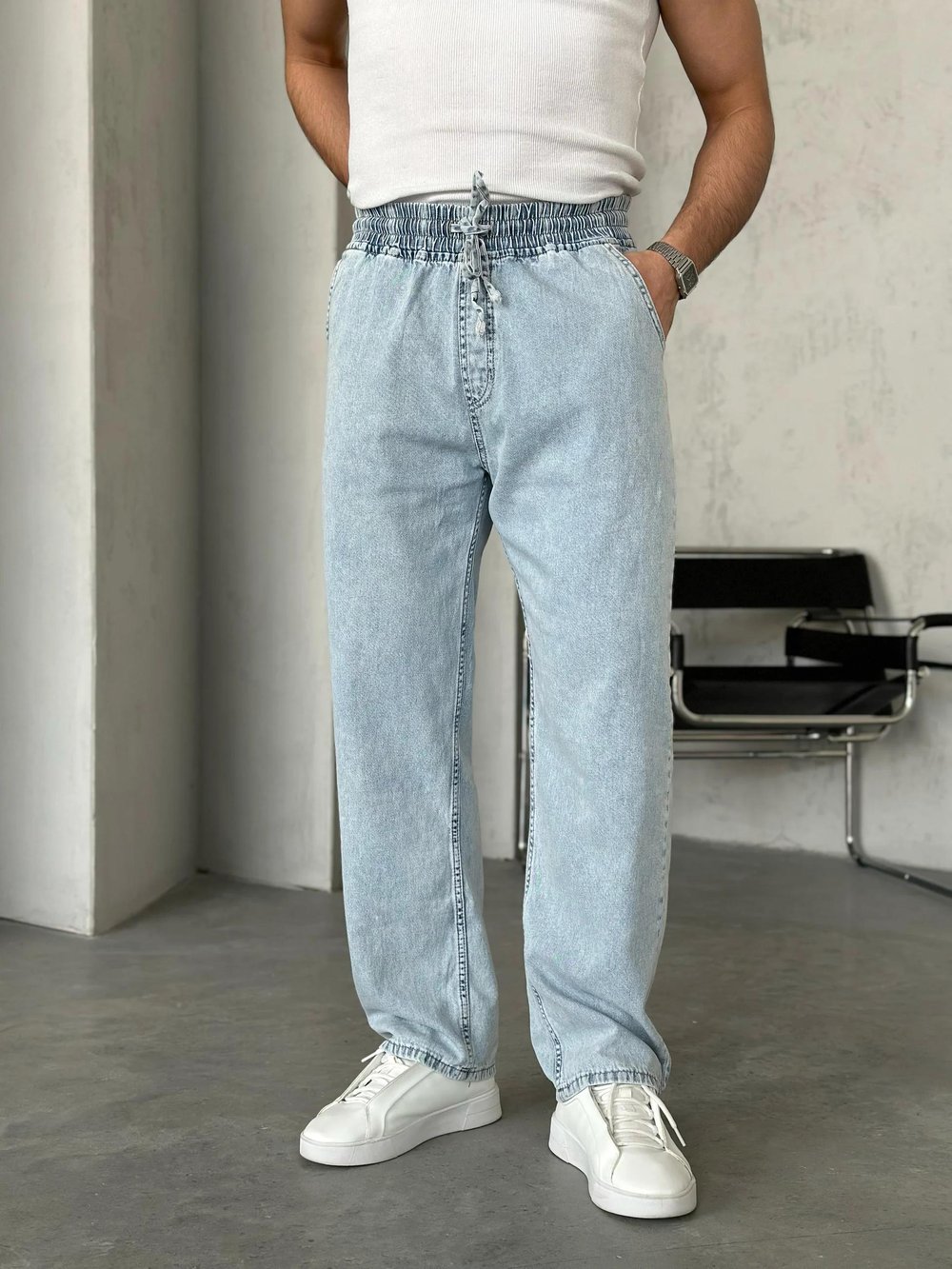 P28512 Kar yıkama bel lastik baggy pantolon