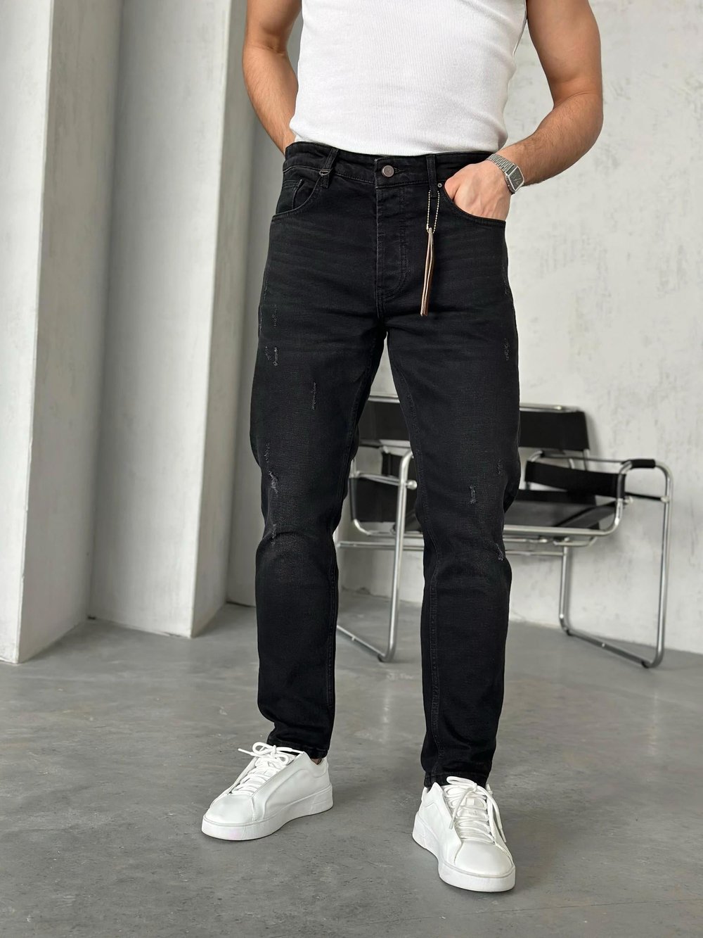 P50302 Taşlamalı siyah Yırtık detaylı boyfriend kot pantolon