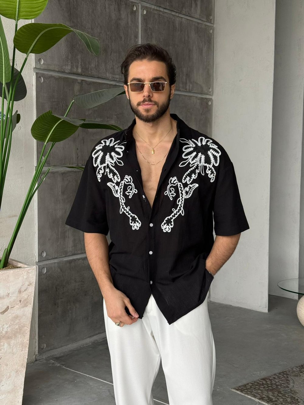 Palm Nakış Detaylı Oversize Keten Gömlek T - Siyah