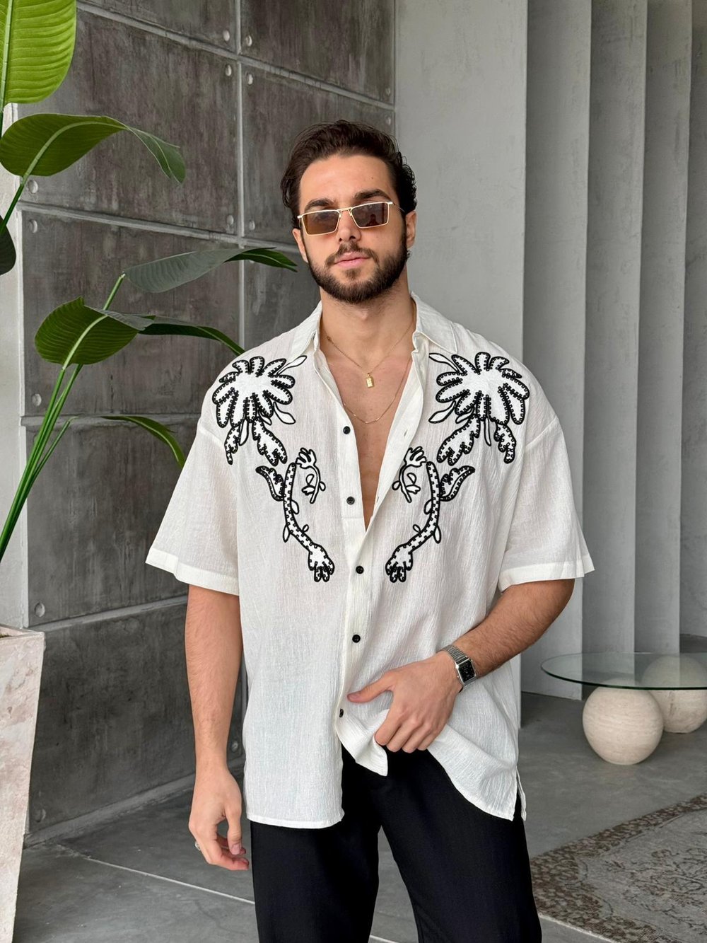 Palm Nakış Detaylı Oversize Keten Gömlek T - Ekru